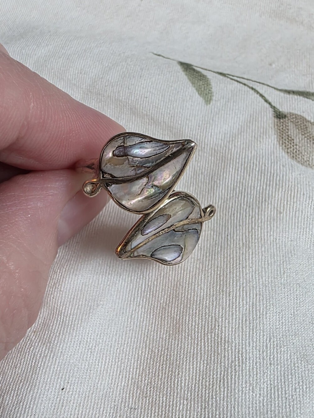 Vintage Mexico Silver Abalone Shell Double Leaf Bypass Ring Size 10 - Picture 2 of 4